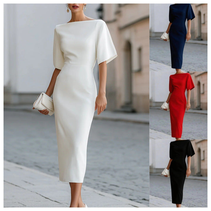 Ladies sheath dress with boat neck and kimono-like 3/4 sleeves Mune Fashion