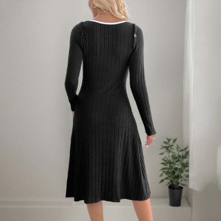 Women's Ribbed Knit Midi Dress with V-Neck, Body-Hugging Silhouette and Side Split Mune Fashion