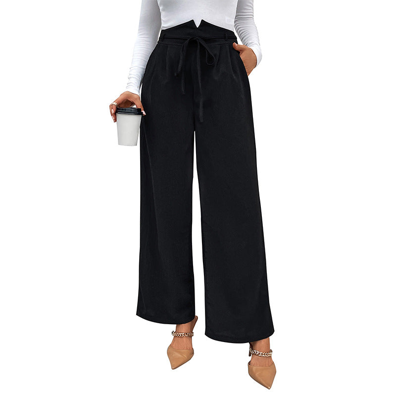 Women's Elegant Paperbag Pants with Wide Leg, High Waist and Ties