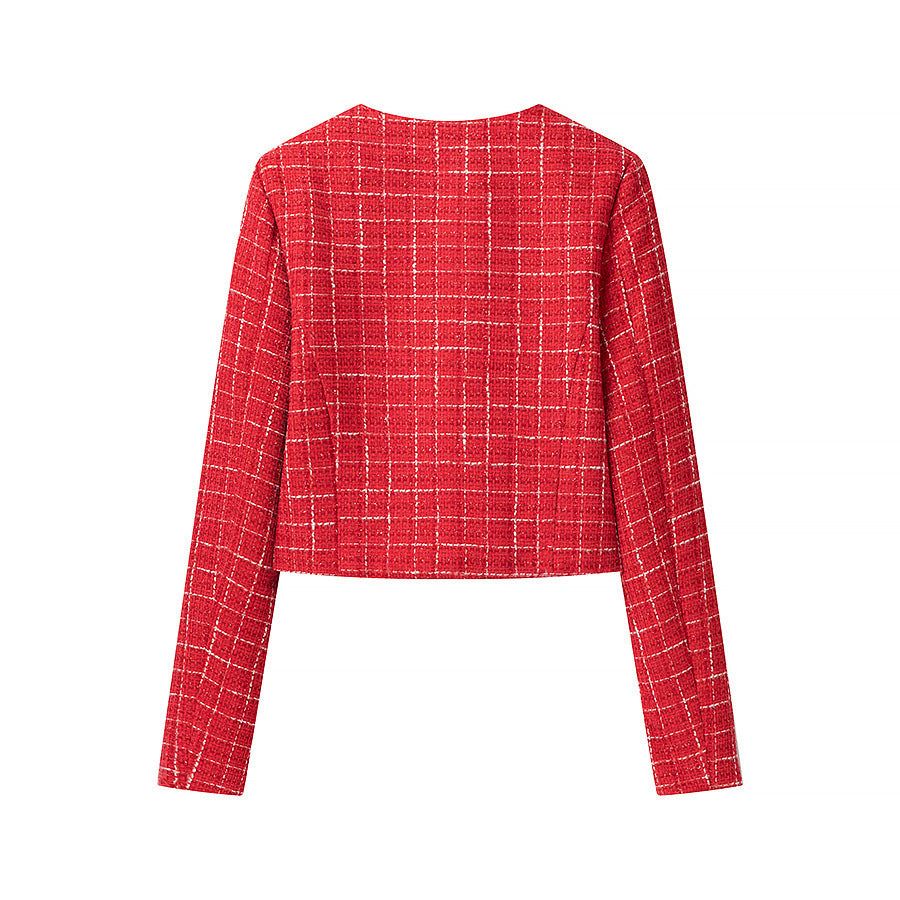 Women's Short-Cut Boucle Tweed Blazer with Round Neck, Decorative Buttons and Patch Pockets Mune Fashion