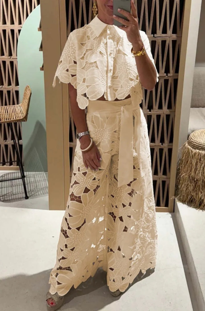 Ladies two-piece lace ensemble with crop top and wide palazzo pants Mune Fashion