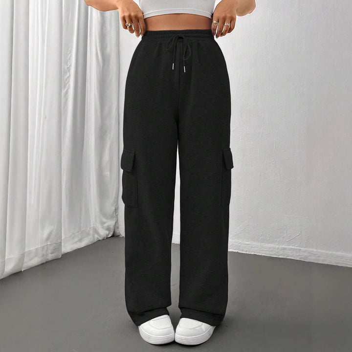 Ladies cargo jogging pants with high elastic waistband, drawstring, and wide leg Mune Fashion