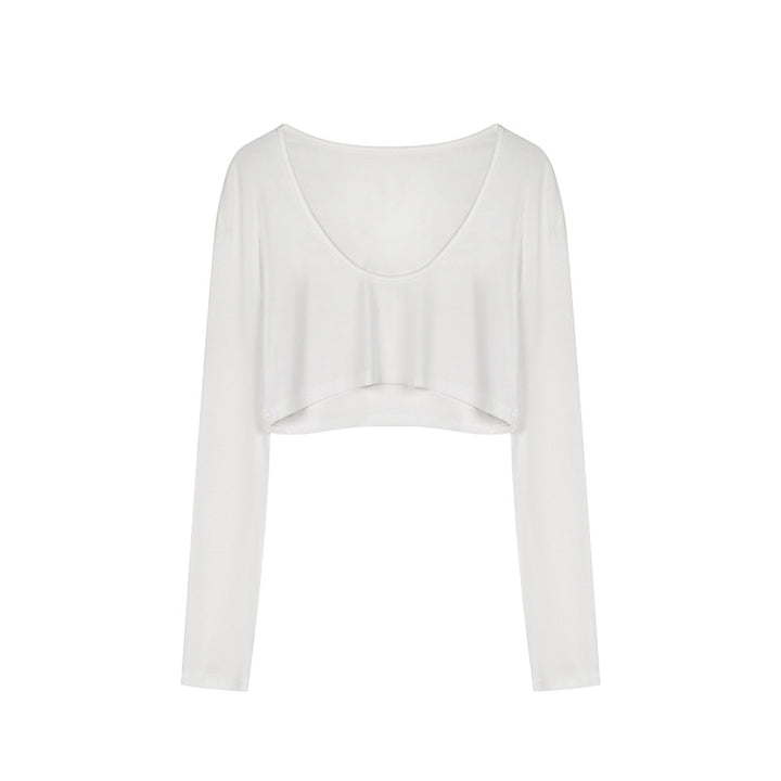 Ladies short cut long sleeve crop top with wide round neck