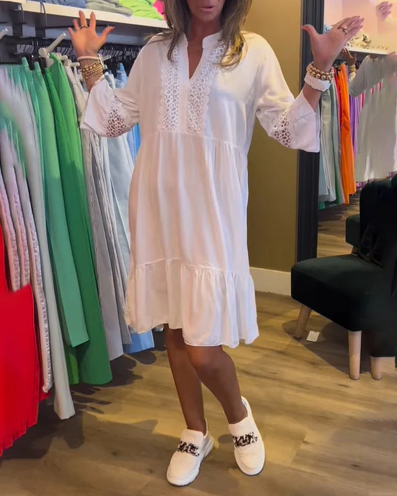 Women’s loose babydoll tunic dress with lace insert, V-neck, stand-up collar, and tiered ruffle Mune Fashion