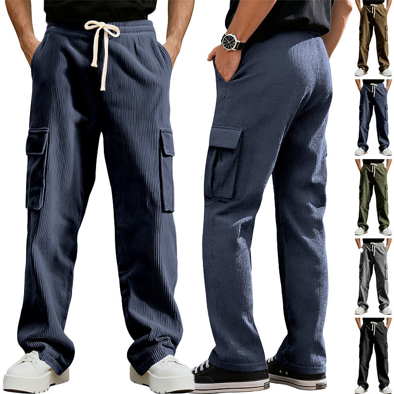 Men's casual corduroy cargo pants with elastic drawstring waist, straight leg, and flap pockets Mune Fashion