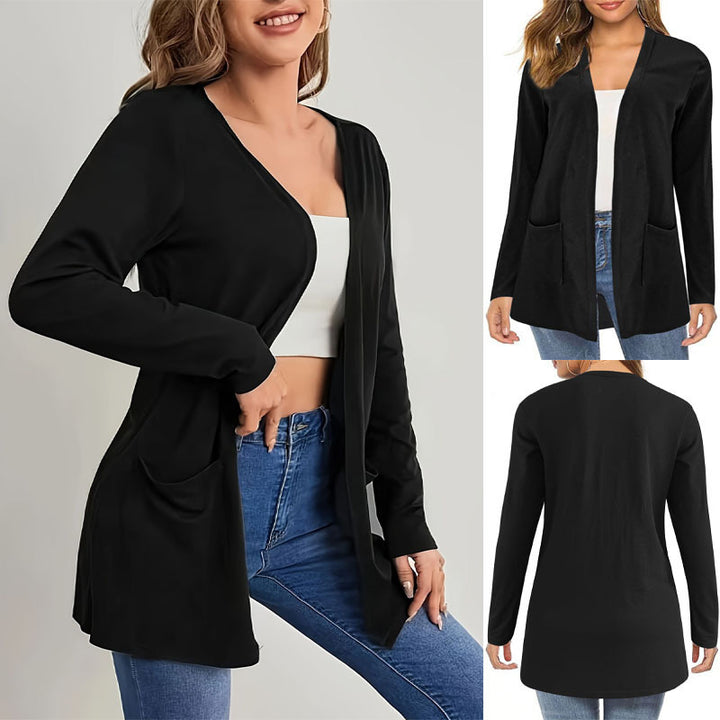 Women’s Long Open Fine Knit Cardigan with Side Pockets and Subtle V-Neckline Drune