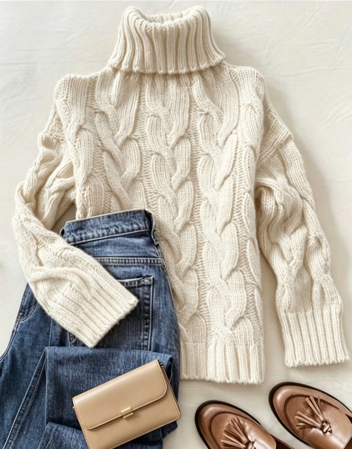 Women's chunky knit turtleneck sweater with distinctive cable patterns and ribbed cuffs Mune Fashion