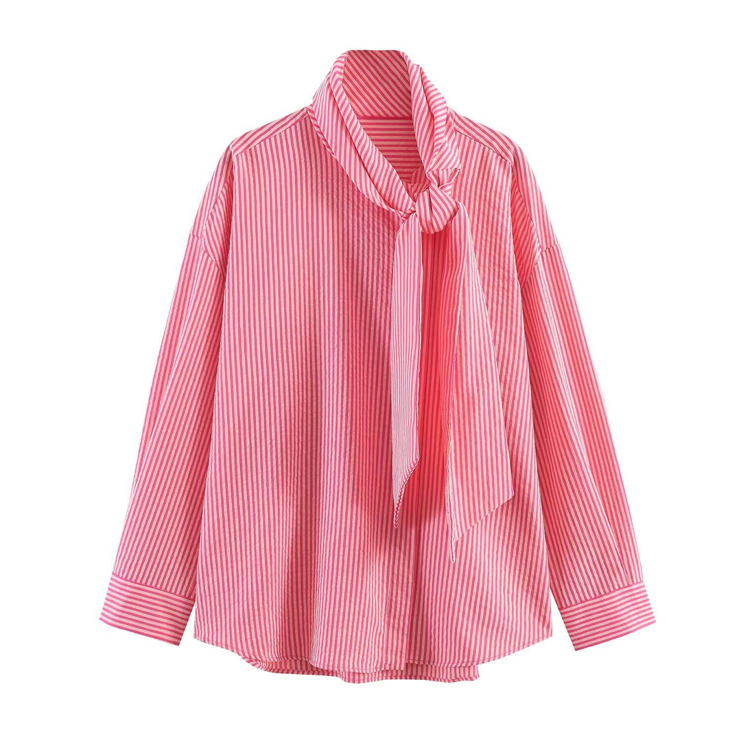 Women's Striped Blouse with Bow Collar and Oversized Cut Mune Fashion