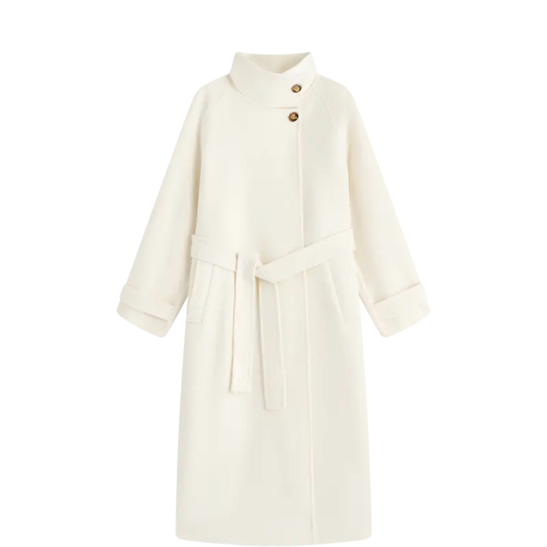 Women's long coat made of wool blend with standing collar and tie belt Mune Fashion