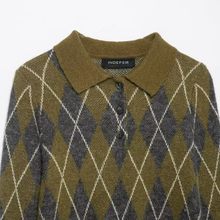 Women's Argyle Polo Knit Sweater with Cropped Cut, Ribbed Cuffs and Button Placket Mune Fashion