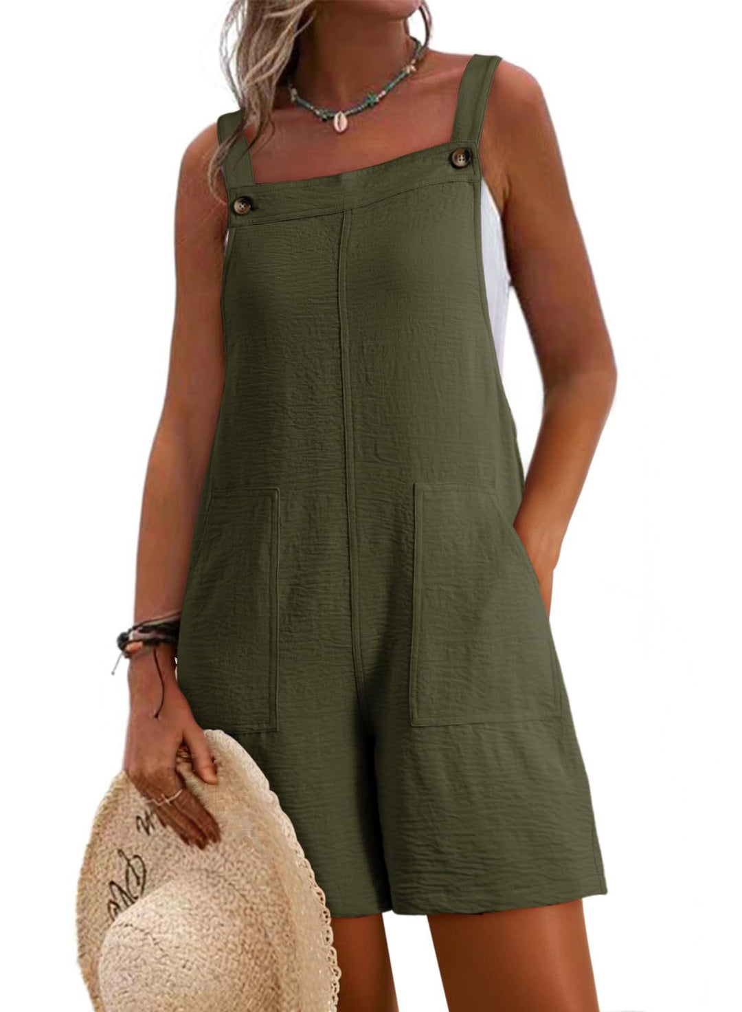 Women Casual Short Overall with Straps, Front Pockets and Linen Look Mune Fashion