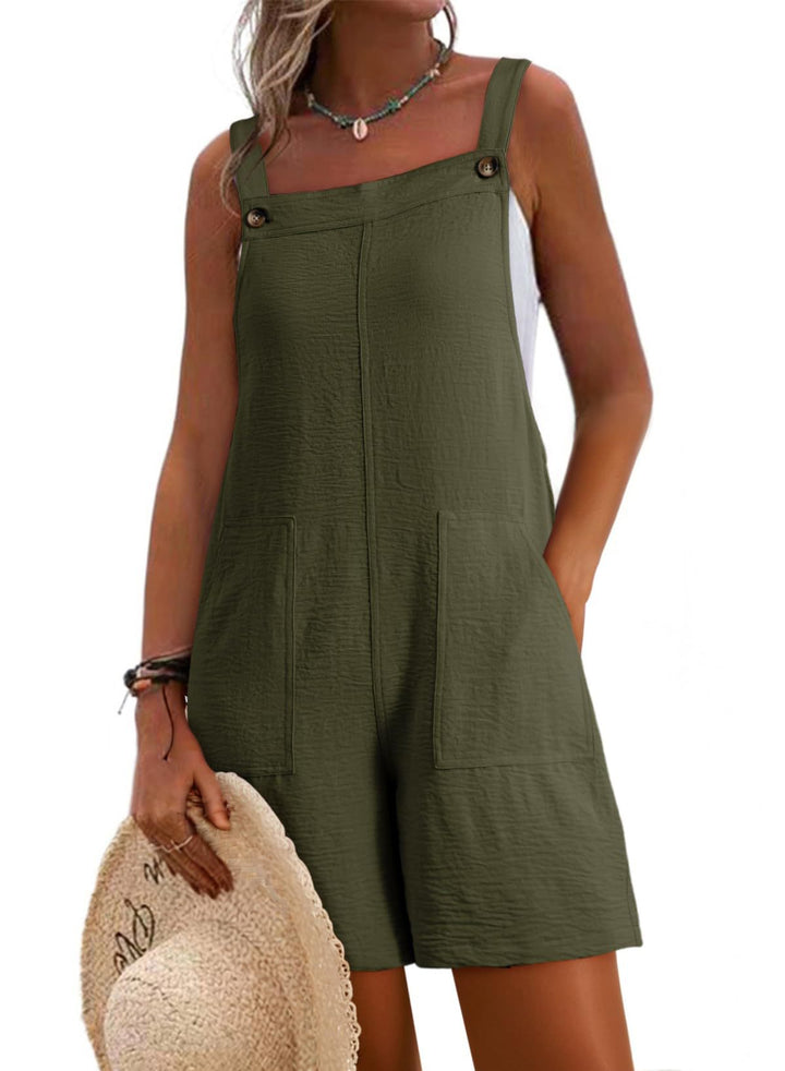 Women Casual Short Overall with Straps, Front Pockets and Linen Look Mune Fashion