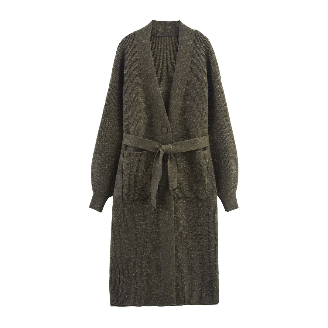 Women's Long Cardigan with Tie Belt, Patch Pockets and Deep V-Neck Mune Fashion