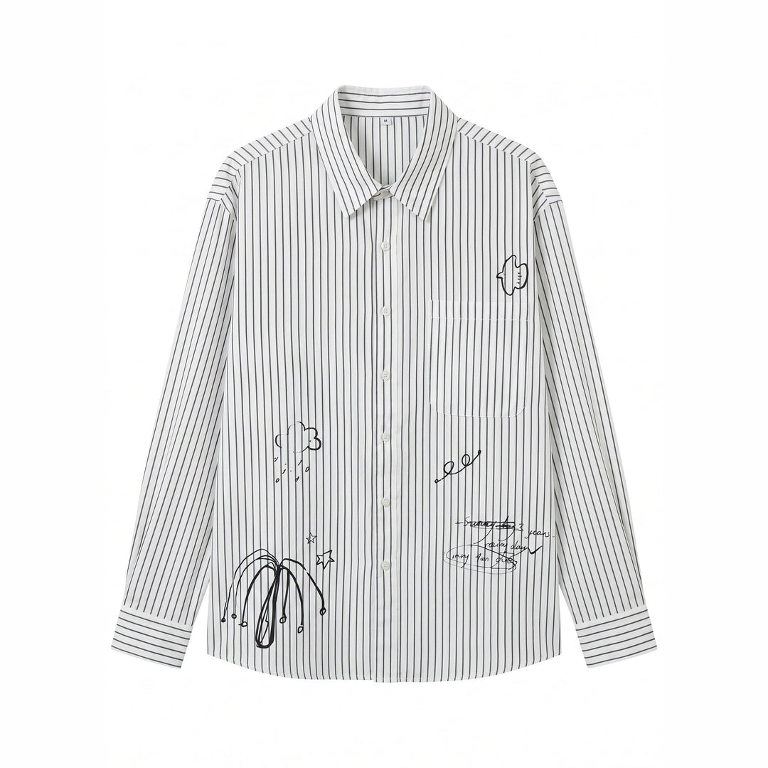 Women's oversized shirt blouse made of cotton blend with pinstripes, chest pocket, and doodle print Mune Fashion