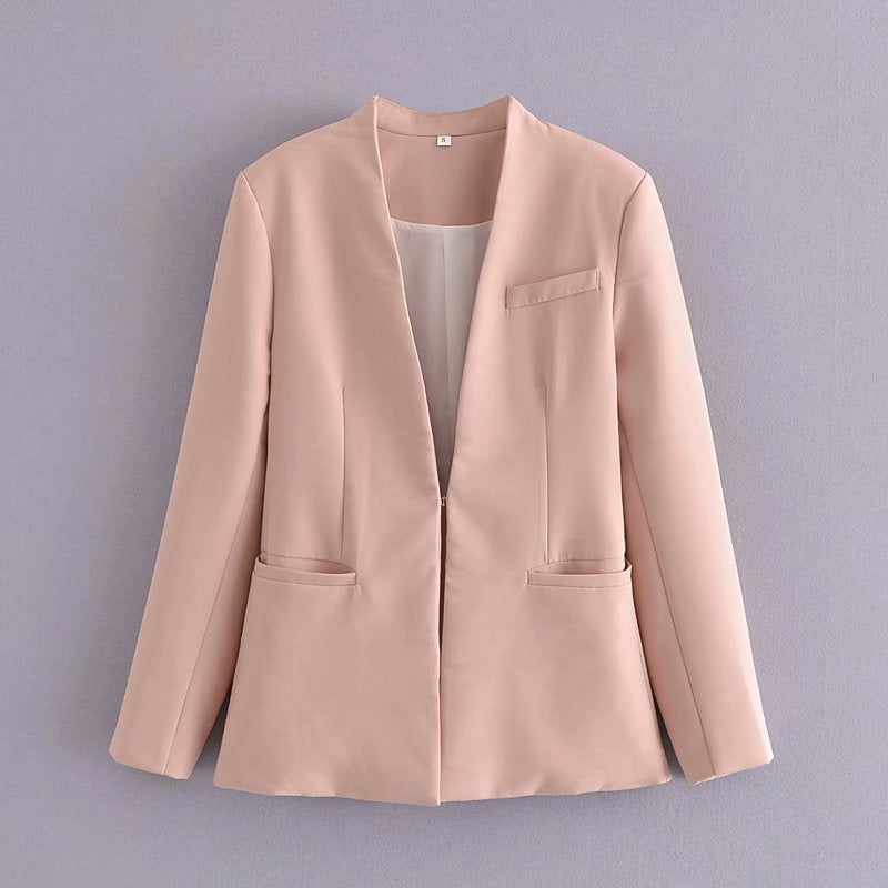 Women Tailored Blazer without Lapels with Open Front and Welt Pockets Mune Fashion