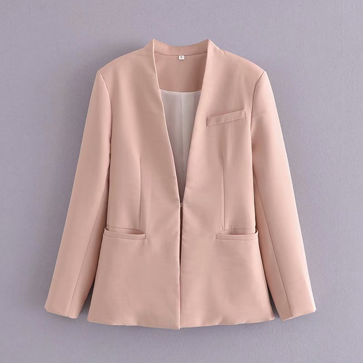 Women Tailored Blazer without Lapels with Open Front and Welt Pockets Mune Fashion