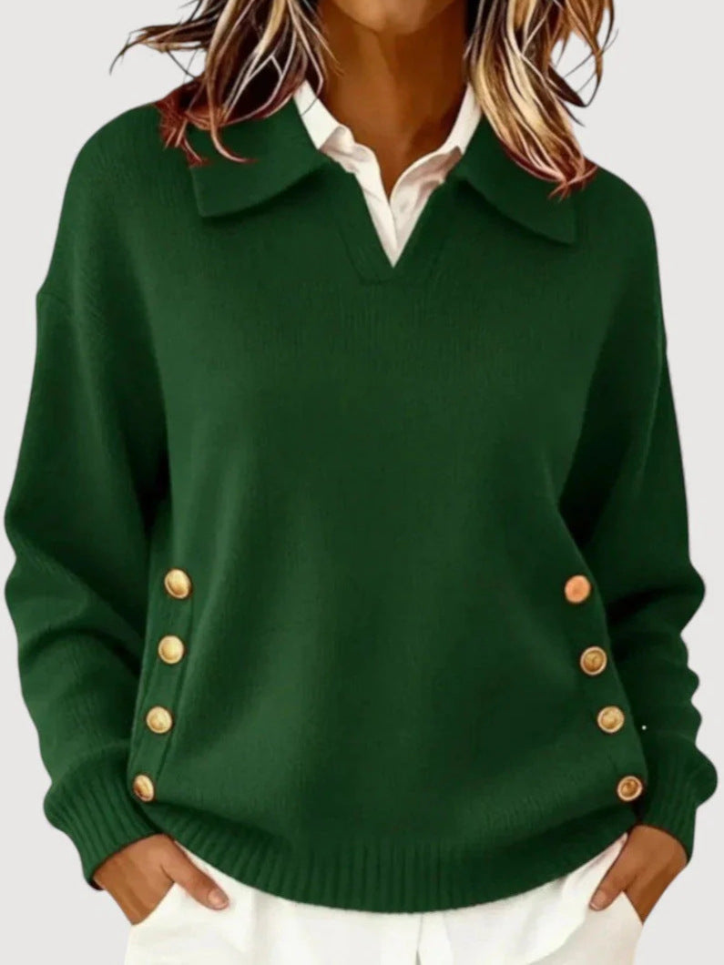 Women's Stylish Knitted Sweater with Collar and Button Details