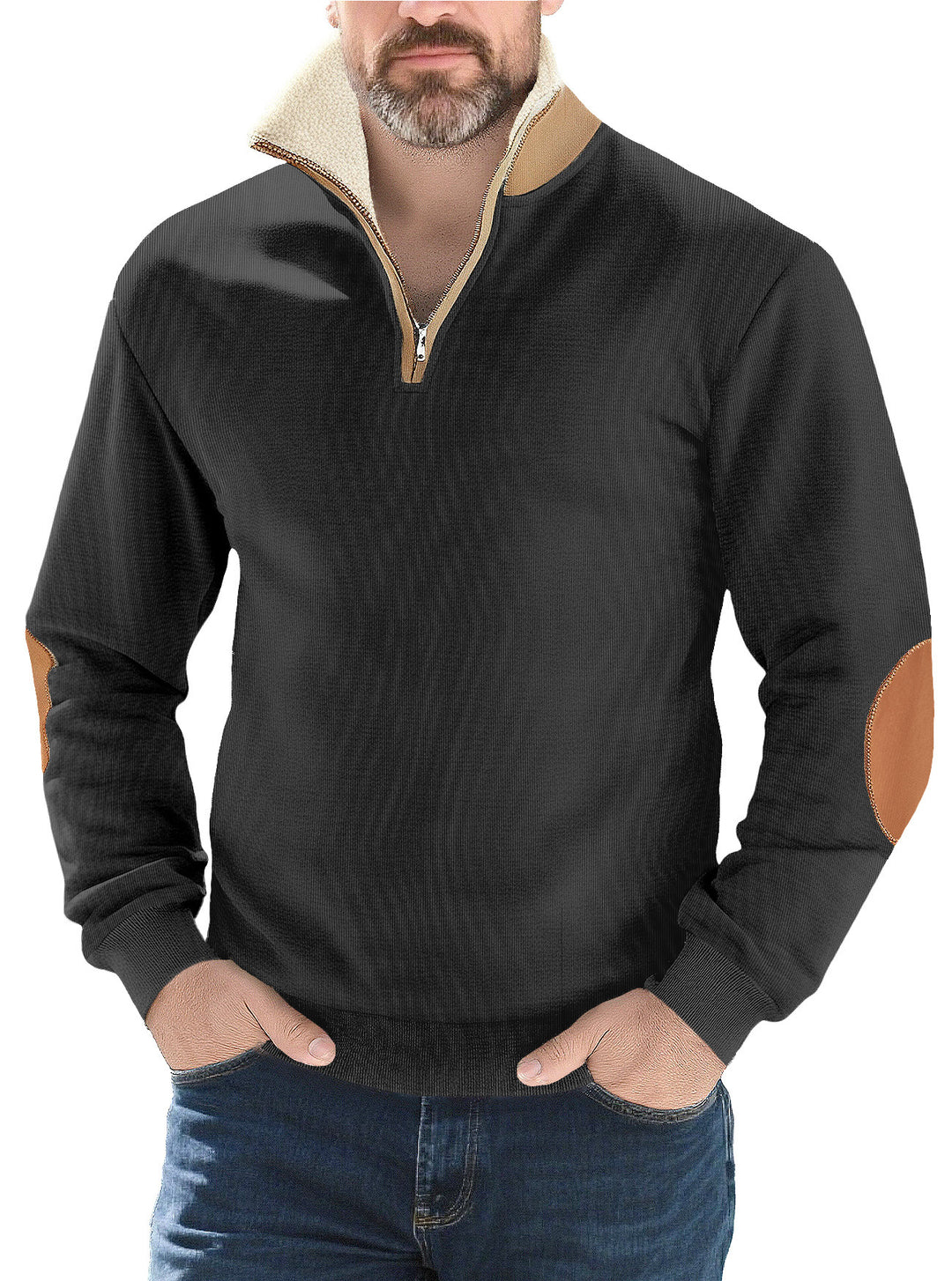 Men's structured knit half-zip pullover with warming sherpa collar and velour elbow patches Mune Fashion