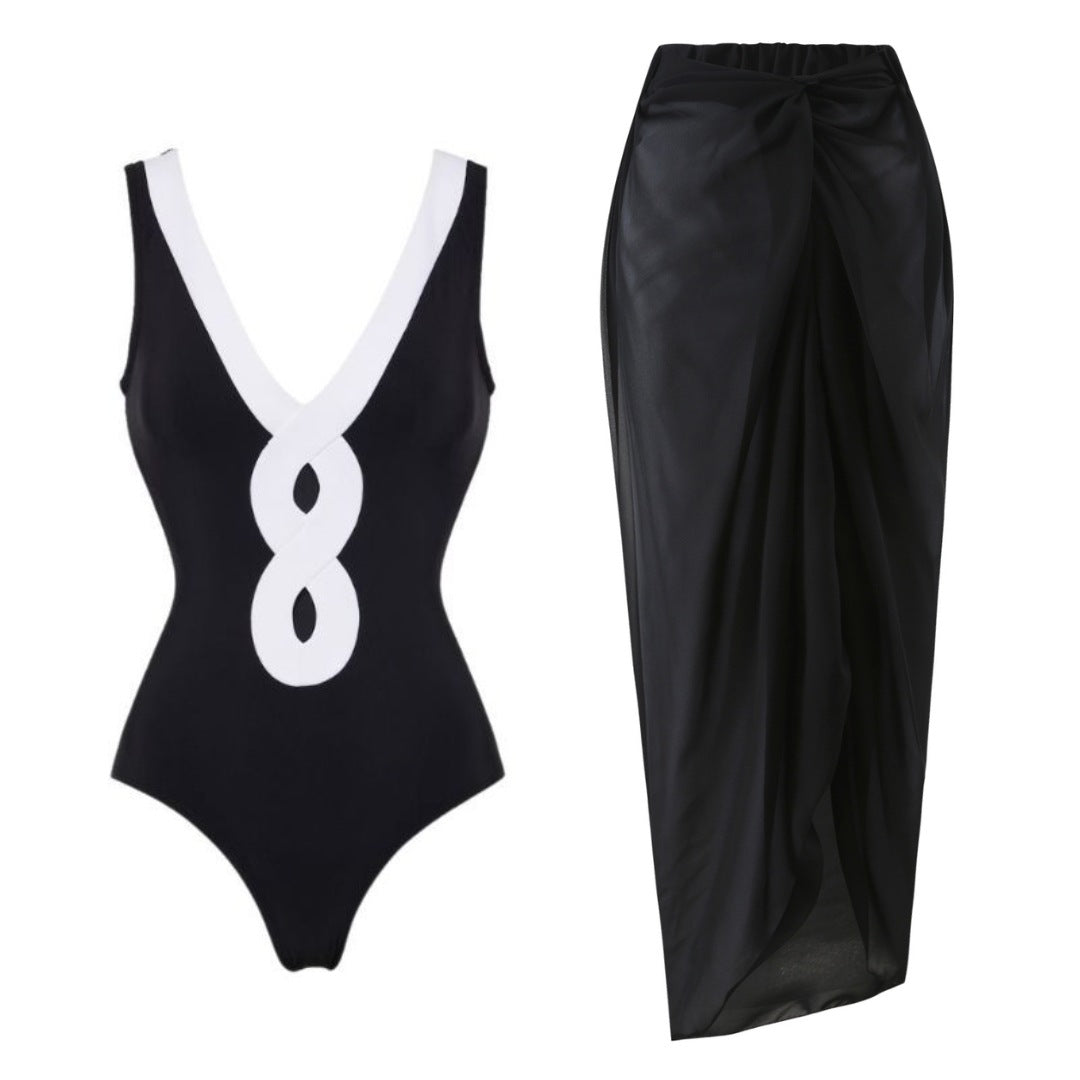 Ladies elegant V neck swimsuit with stylish wrap skirt Mune Fashion