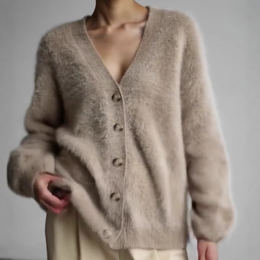 Women Fluffy Eyelash-Mix Oversize Cardigan with V-Neck and Decorative Wooden Buttons Mune Fashion