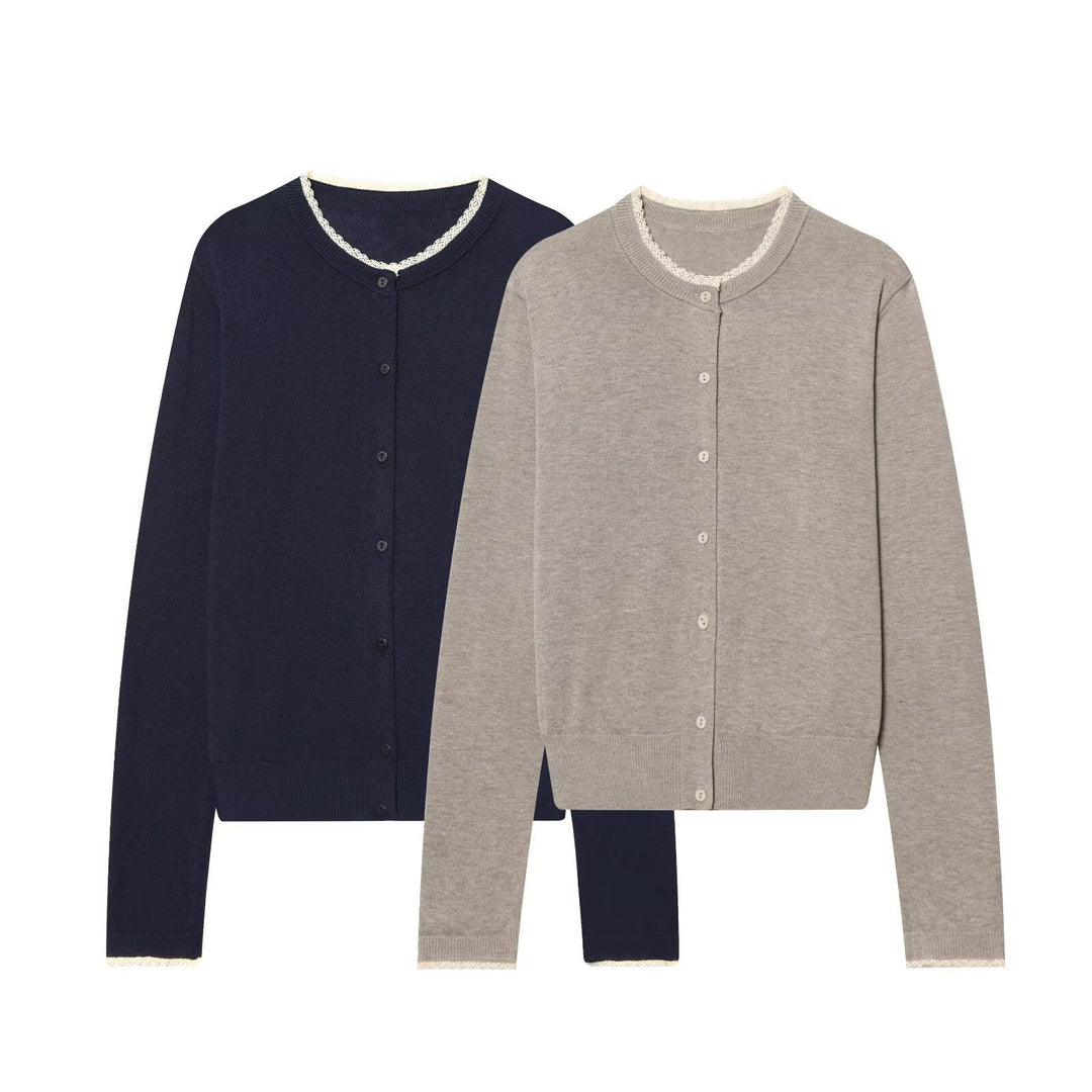 Women Classic Fine Knit Cardigan with Delicate Lace Edge Mune Fashion