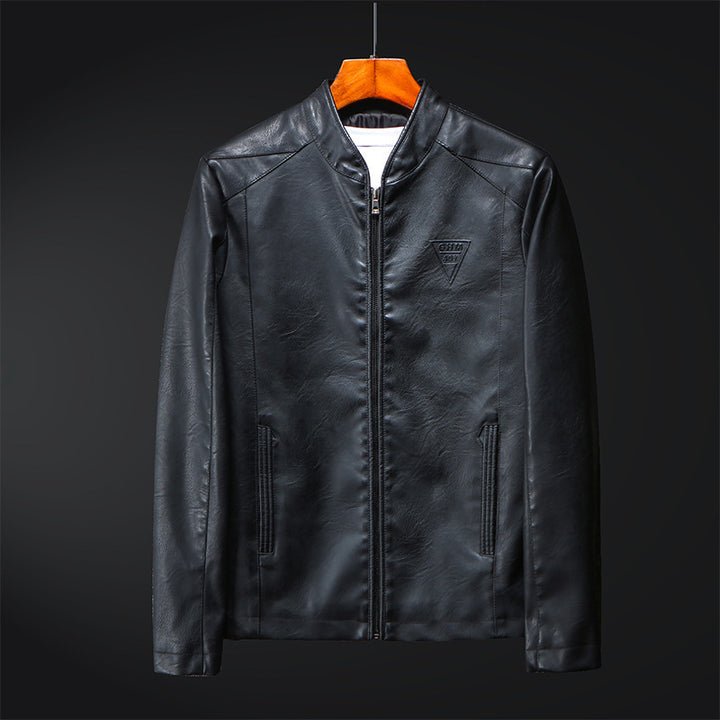 Men's Slim Faux Leather Zip Jacket with Minimalist Stand Collar and Double Stitching Details Mune Fashion
