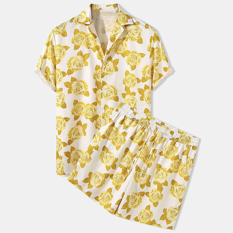 Men's airy viscose blend short-sleeve shirt with open button placket and matching casual shorts with drawstring Mune Fashion