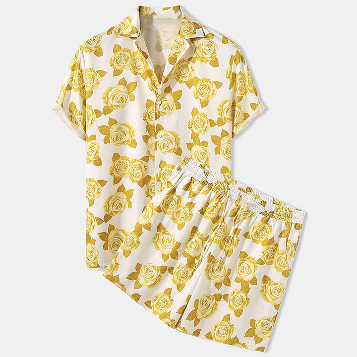 Men's airy viscose blend short-sleeve shirt with open button placket and matching casual shorts with drawstring Mune Fashion