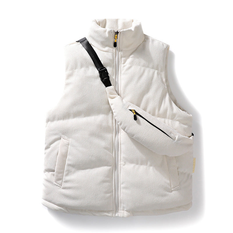 Men's Padded Fine Cord Quilted Vest with High Stand-Up Collar and Integrated Crossbody Fanny Pack Mune Fashion