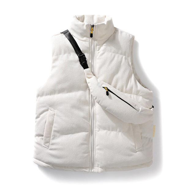 Men's Padded Fine Cord Quilted Vest with High Stand-Up Collar and Integrated Crossbody Fanny Pack Mune Fashion