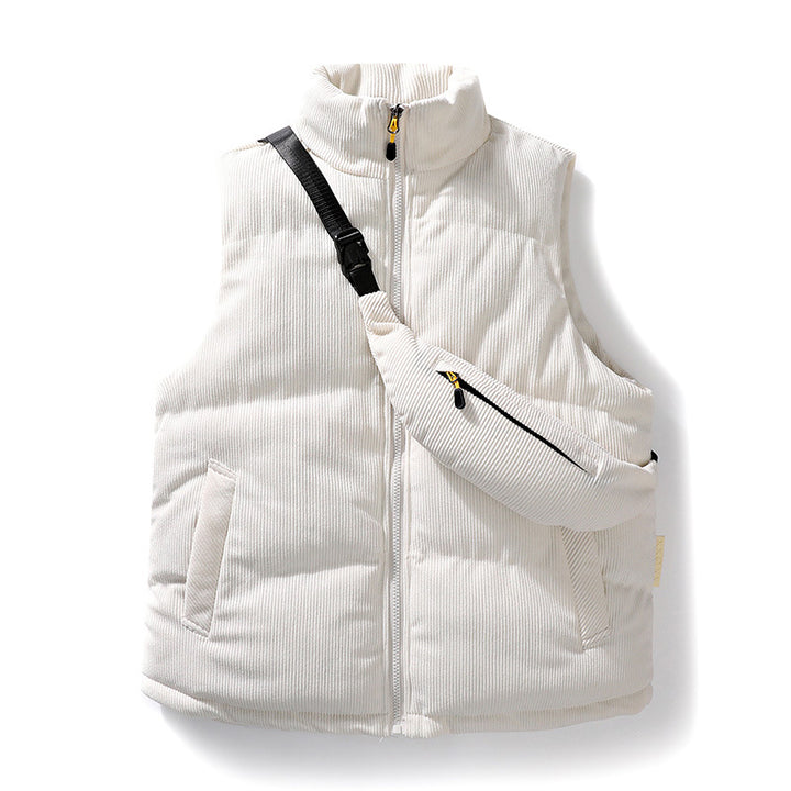 Men's Padded Fine Cord Quilted Vest with High Stand-Up Collar and Integrated Crossbody Fanny Pack Mune Fashion