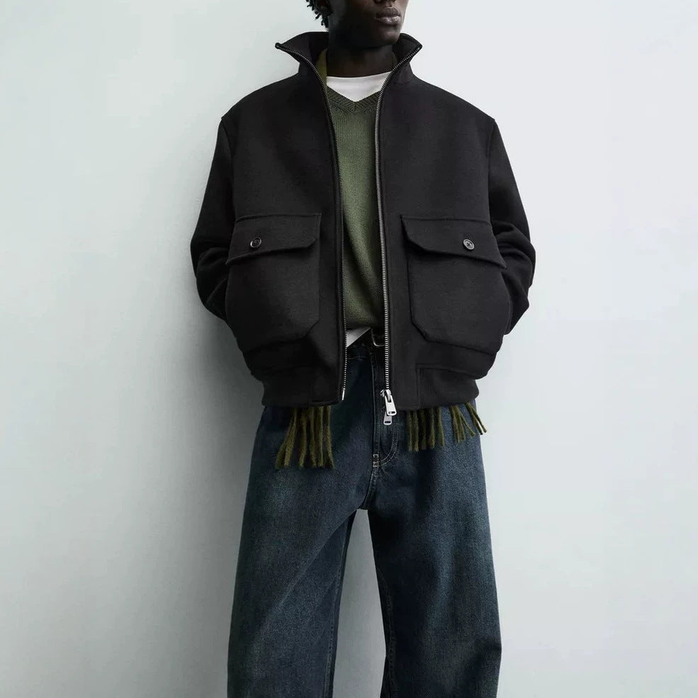 Men's short wool bomber jacket with high stand-up collar and patch flap pockets Mune Fashion