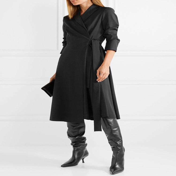 Women Wrap Midi Dress Coat in Tailoring with Shawl Collar and Tied Belt Mune Fashion