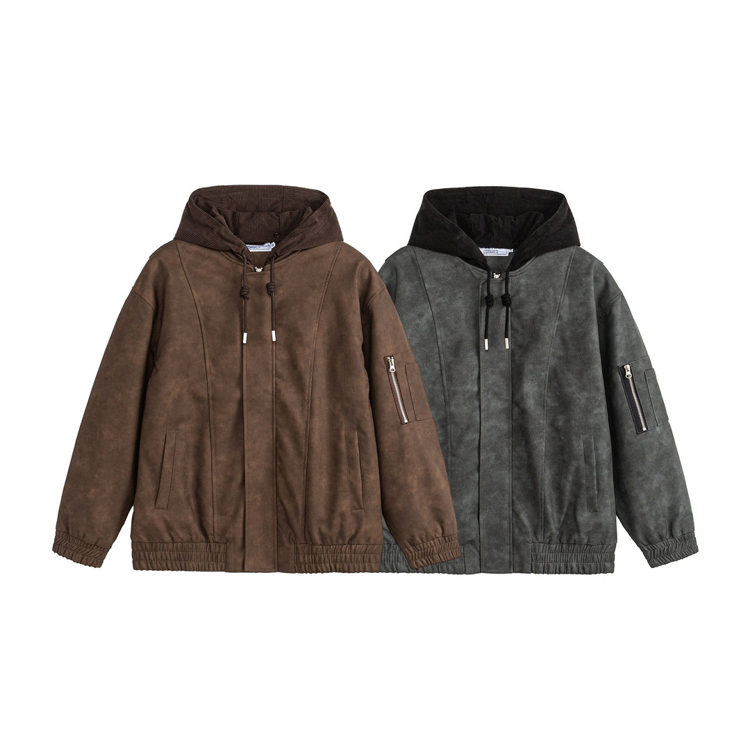 Unisex Boxy-padded Hooded Bomber Jacket with Velour Look, Cord Collar and Sleeve Zipper Mune Fashion