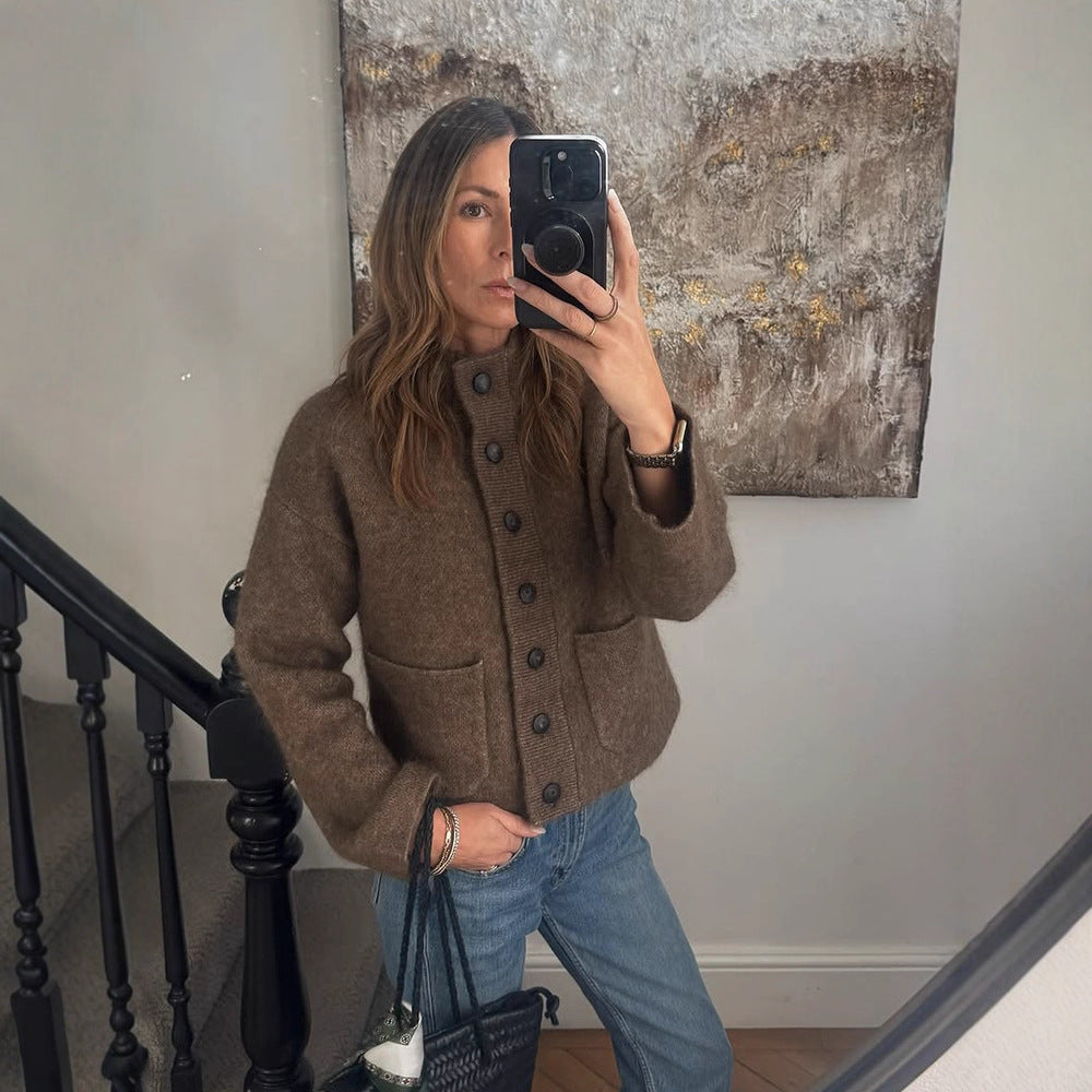 Women's short jacket made of fluffy mohair mix with button placket & patch pockets Mune Fashion