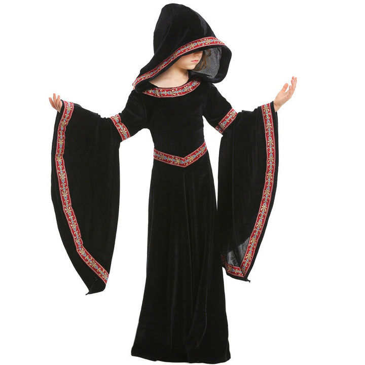 Ladies Elegant Sorceress Costume with Flared Sleeves and Playful Hooded Collar Mune Fashion