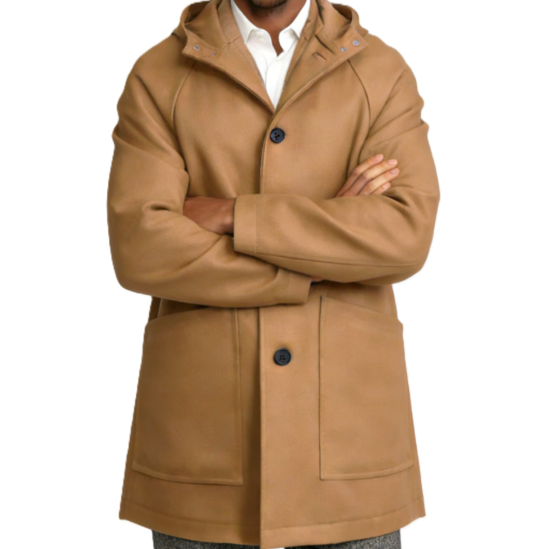 Men Tailored Wool Blend Coat with Hood and Concealed Button Placket Mune Fashion