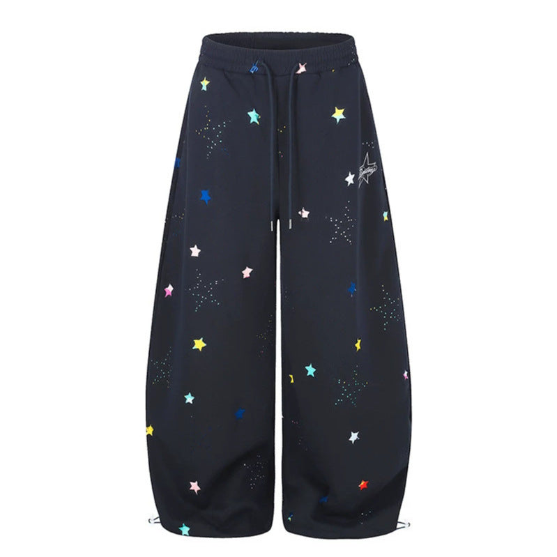 Women's Extra Wide Palazzo Sweatpants in Balloon Cut with Elastic Comfort Waistband, Drawstring, and Star Application Mune Fashion