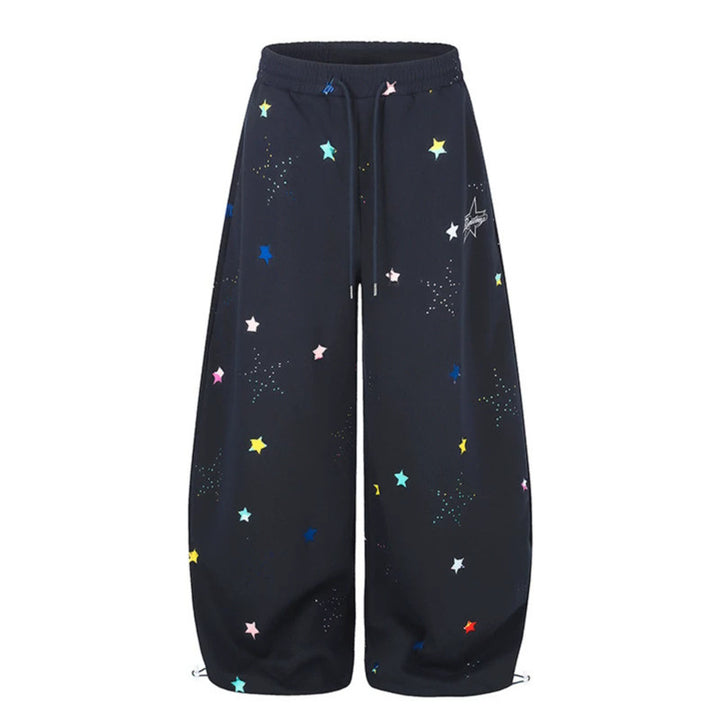 Women's Extra Wide Palazzo Sweatpants in Balloon Cut with Elastic Comfort Waistband, Drawstring, and Star Application Mune Fashion