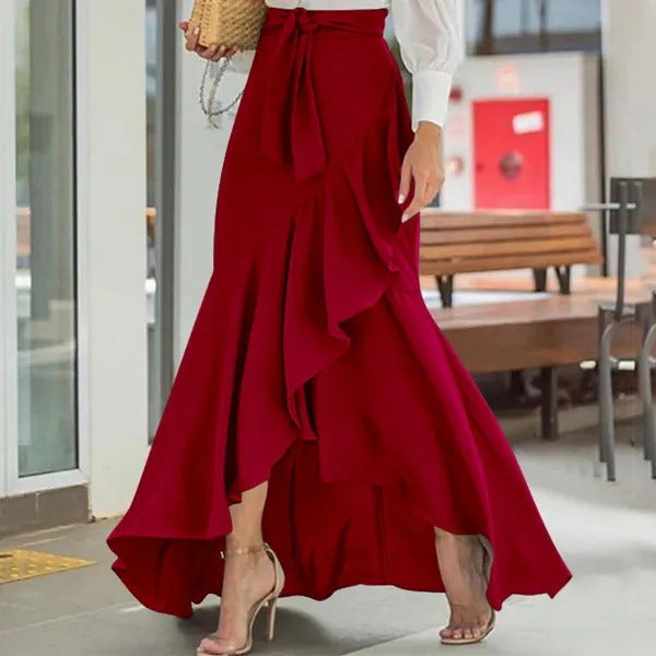 Women nan wrap maxi skirt with Vichy check, high waist tie and asymmetrical flounce hem Mune Fashion
