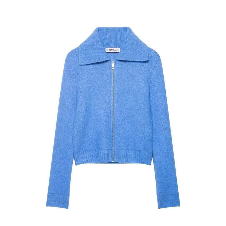 Ladies short-cut cardigan with zipper, wide shawl collar and ribbed hem Mune Fashion