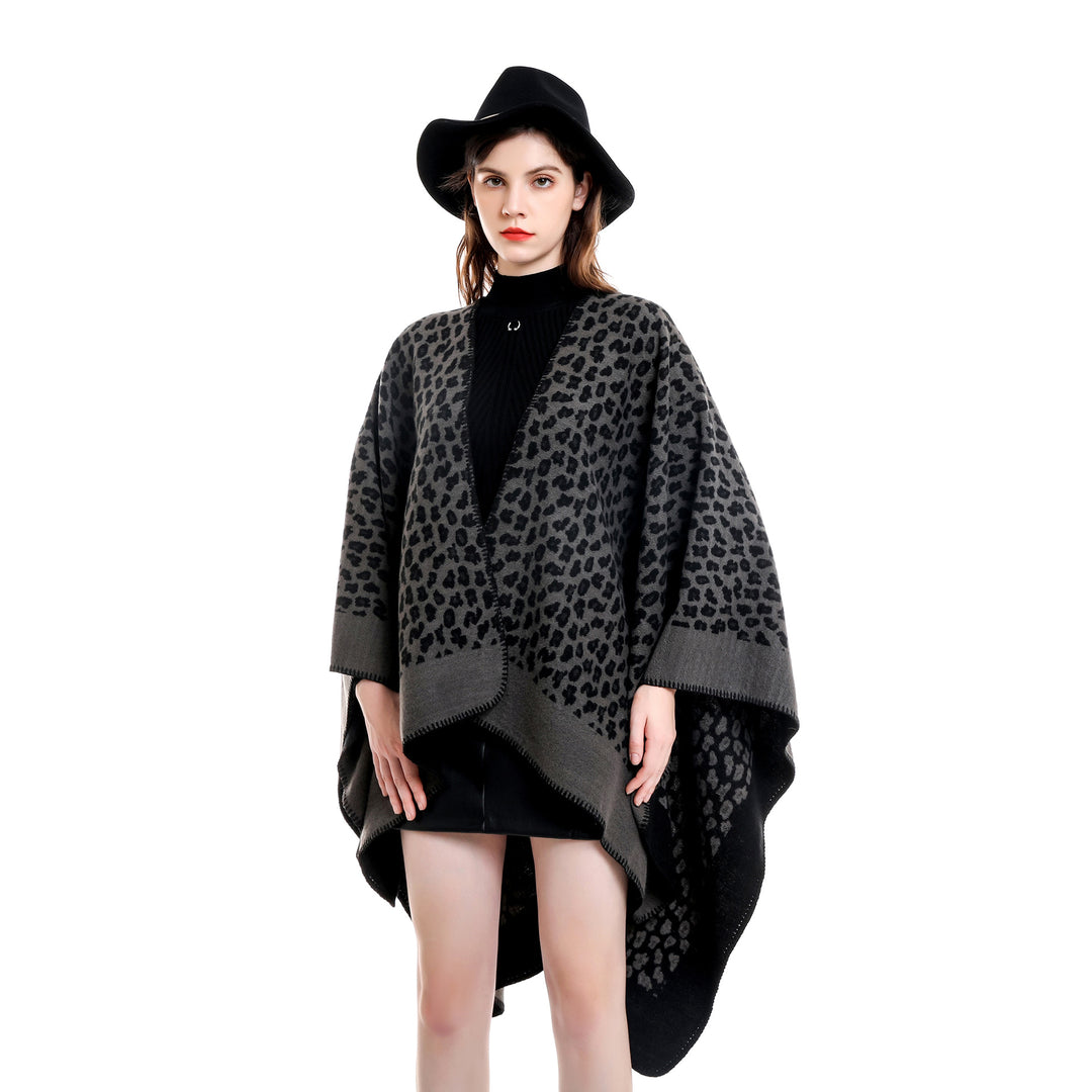 Women Wool Blend Ruana with tonal leopard jacquard and boxy kimono drape