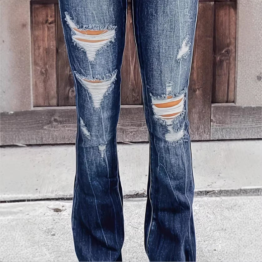 Women's High-Waisted Flared Jeans in Retro Flare with Large Rip Applications and Shaping Fit Mune Fashion