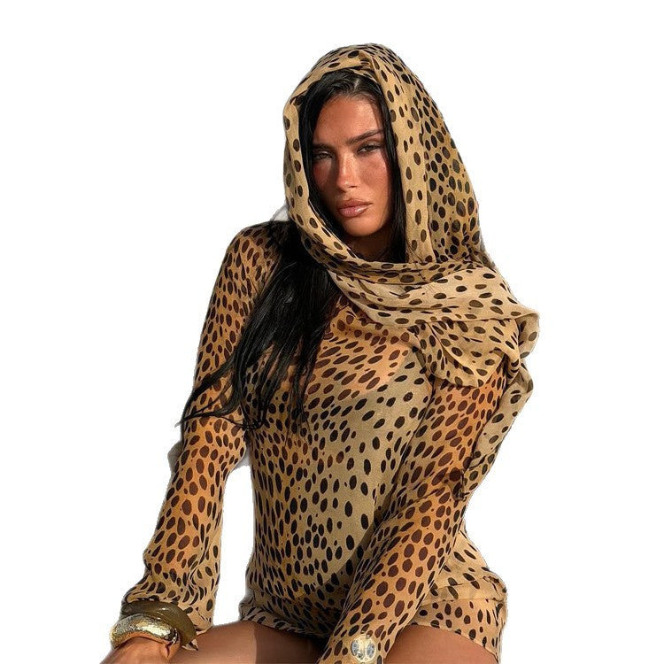 Women's Transparent Chiffon Blouse with Long Shawl Collar and Animal Print Mune Fashion