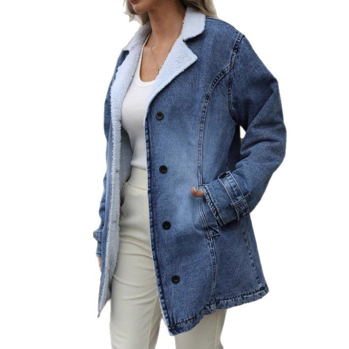 Women's Oversized Denim Jacket with Teddy Lining, Button Placket and Patch Pockets Mune Fashion