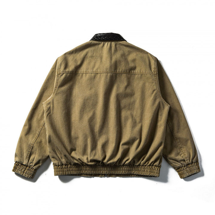 Men's Boxy Denim Blouson Jacket with Quilted Leather Collar and Elastic Cuffs Mune Fashion
