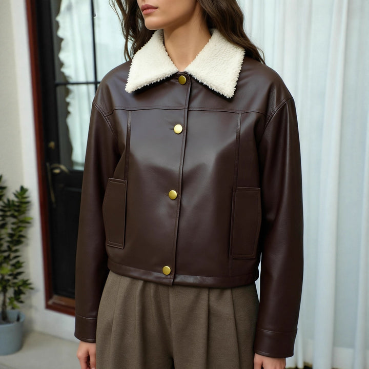 Ladies Short Cut Faux Leather Jacket with Teddy Collar and Snap Buttons Mune Fashion