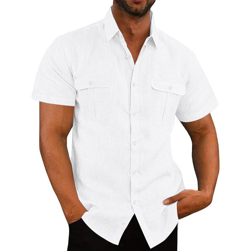 Men's structured short sleeve shirt in linen gauze look with flap pockets and rounded hem Mune Fashion