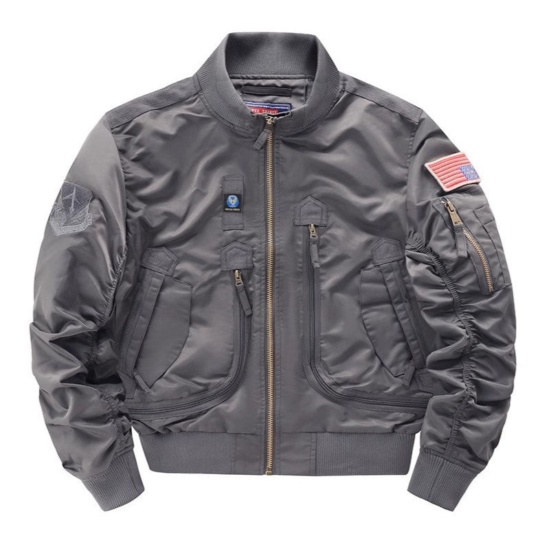 Men's flight bomber jacket with arm pocket, multiple zip pockets, and ribbed hem Mune Fashion