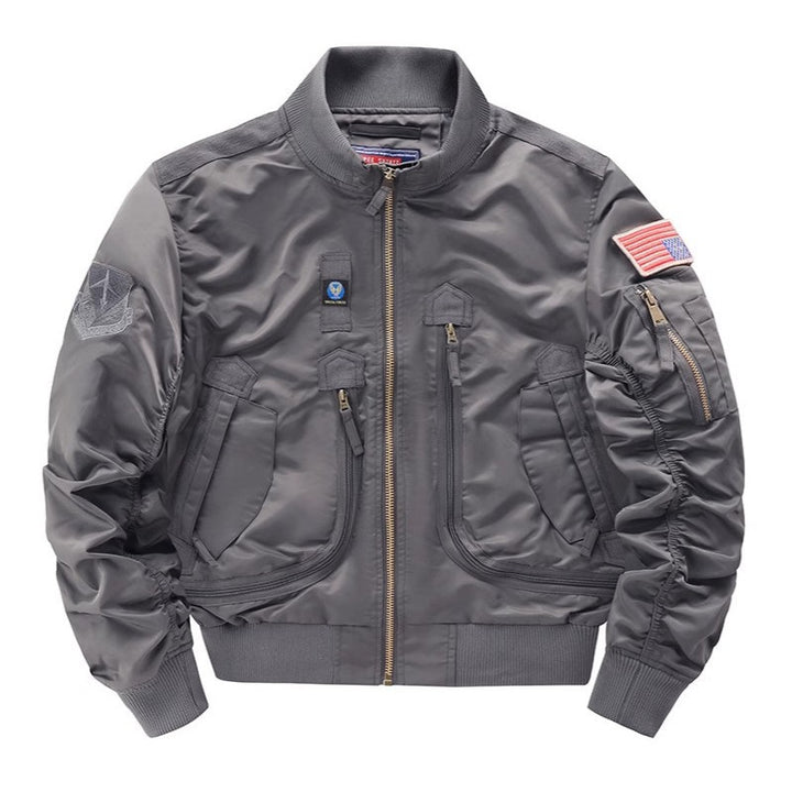 Men's flight bomber jacket with arm pocket, multiple zip pockets, and ribbed hem Mune Fashion